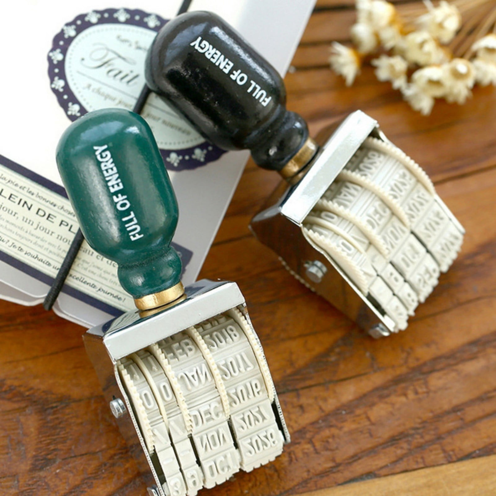 Vintage Date Stamp, Adjustable Rolling Postmark Stamp with Wood Handle ...