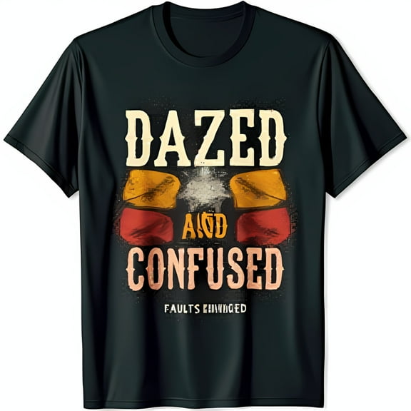 Vintage Dazed and Confused Black T-Shirt with Bold Graphic Design & Circular Shapes