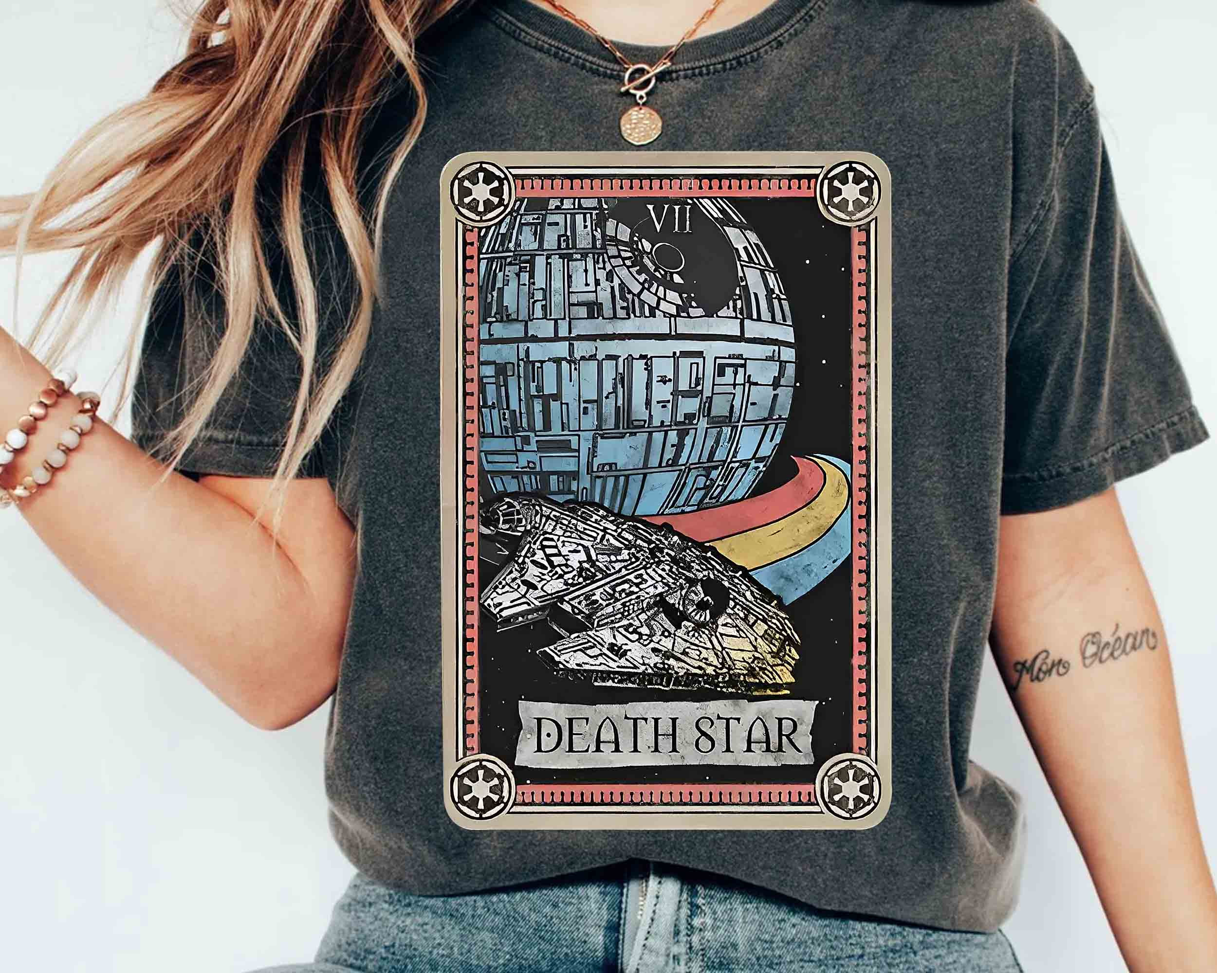 Vintage Death Star And Millennium Falcon Tarot Card Tshirt, Star Wars