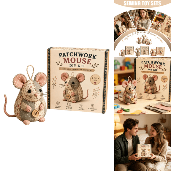 Vintage Decor Craft Kit, 3 Styles Patchwork Mouse DIY Craft Kits, Beginner Sewing Kits Equipped with Pre-Cut Fabric & Supplies for Handmade Stuffed Animal Ornament, 1 Pack. A
