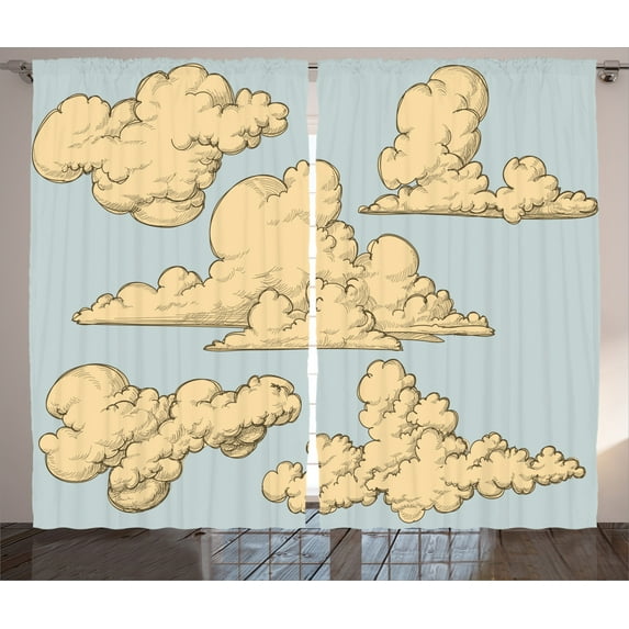 Ambesonne Cartoon Curtains 2 Panel Set, Fluffy Clouds Art, 108" x 84", Blue Beige