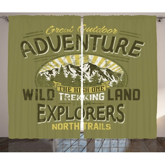 Ambesonne Retro Curtains 2 Panel Set, Outdoor Adventure Poster, 108" x 84", Olive Green and Yellow