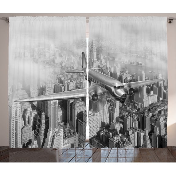 Ambesonne Grey Curtains 2 Panel Set, Flying Plane on New York, 108" x 84", Black and White