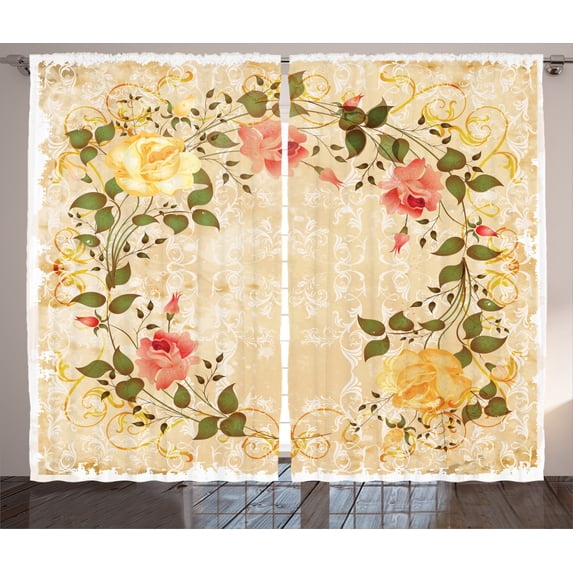 Ambesonne Vintage Curtains 2 Panel Set, Leaves Roses Floral, 108" x 84", Yellow Green Pink