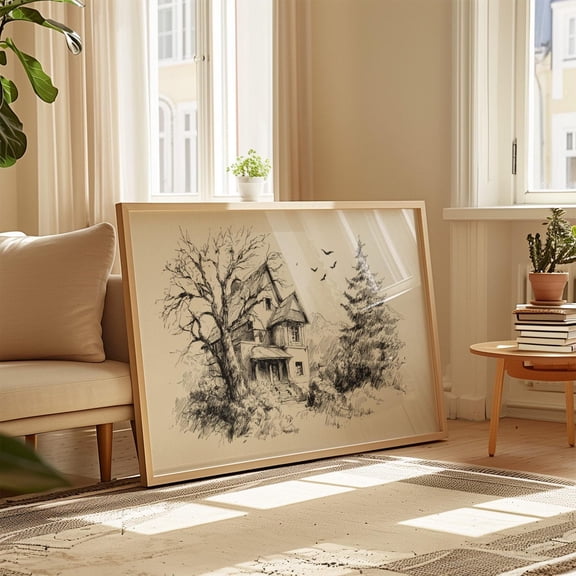 Vintage Decor Haunted House Dark Academia Wall Art Eerie Scary Gothic Sketch Dark Cottagecore Poster Home Decor, 12x18 UNFRAMED