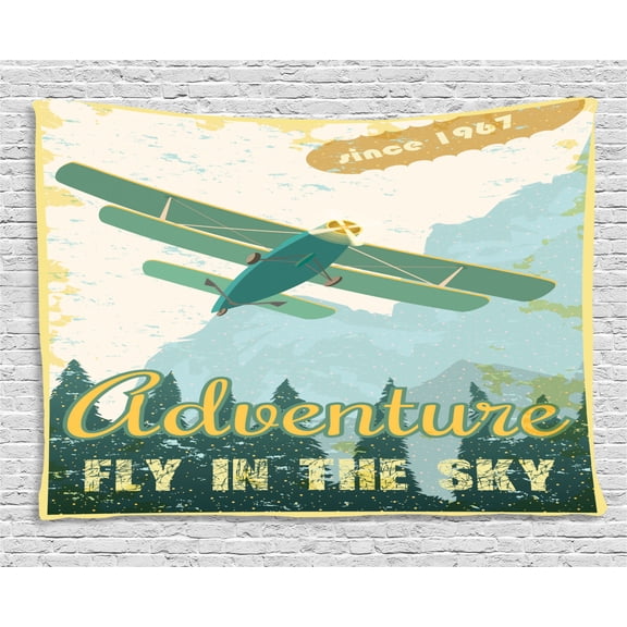 Vintage Decor Tapestry, Old School Plane in the Sky Trees Sixties Propeller Engine Historical Flight Murky, Wall Hanging for Bedroom Living Room Dorm Decor, 80W X 60L Inches, Multi, by Ambesonne