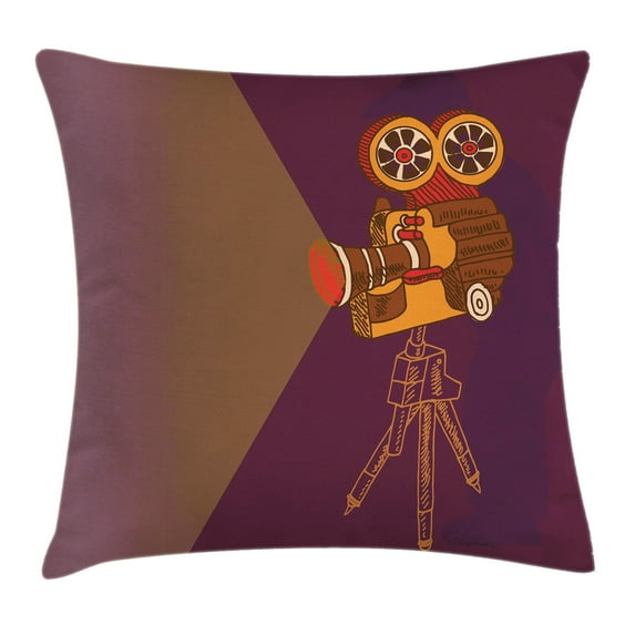 Vintage Decor Throw Pillow Cushion Cover, Classic Movie Theater Machine with Cinema Fest Typography Past Filmmaker, Decorative Square Accent Pillow Case, 24 X 24 Inches, Brown Purple, by Ambesonne