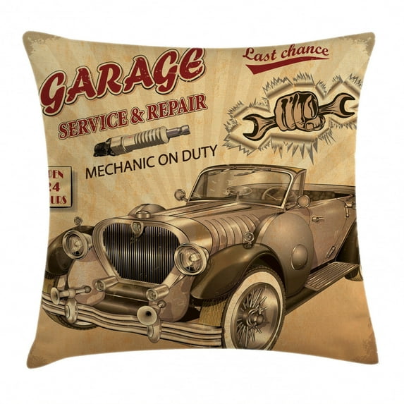 Vintage Decor Throw Pillow Cushion Cover, Nostalgic Car Figure with Garage Service and Repair Store Phrase Dated Faded, Decorative Square Accent Pillow Case, 20 X 20 Inches, Sepia Red, by Ambesonne
