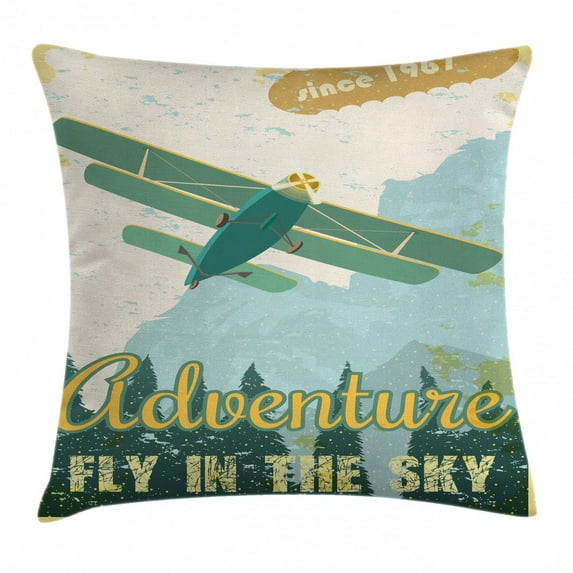 Vintage Decor Throw Pillow Cushion Cover, Old School Plane in the Sky Trees Sixties Propeller Engine Historical Flight Murky, Decorative Square Accent Pillow Case, 24 X 24 Inches, Multi, by Ambesonne