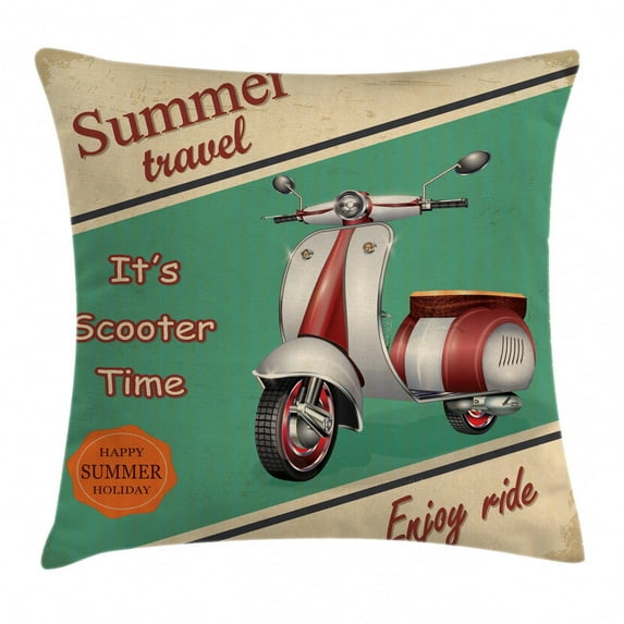 Vintage Decor Throw Pillow Cushion Cover, Scooter Motorbike Summer Travel Italian City Sight Hipster Enjoy Ride Illustration, Decorative Square Accent Pillow Case, 20 X 20 Inches, Multi, by Ambesonne