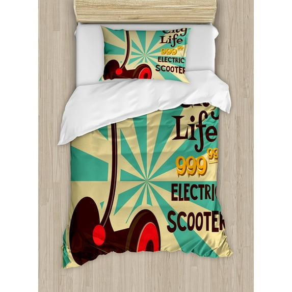 Vintage Decor Twin Size Duvet Cover Set, Segway Electric Scooter Icon on Foreground of Pop Art Style Stripe Urban Transport, Decorative 2 Piece Bedding Set with 1 Pillow Sham, Multi, by Ambesonne