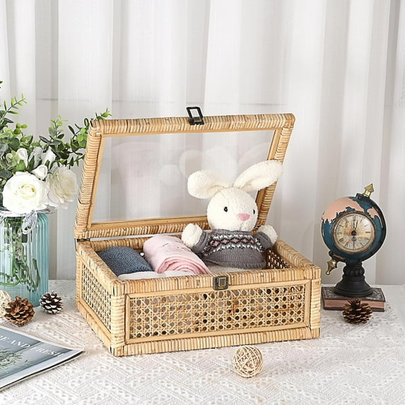Vintage Decorative Box with Clear Lid Rattan and Wood Display Boxes Handcrafted Shelf Basket Bin Large Wicker Storage Basket Rectangular keepsakes Box for Bathroom Home Decor
