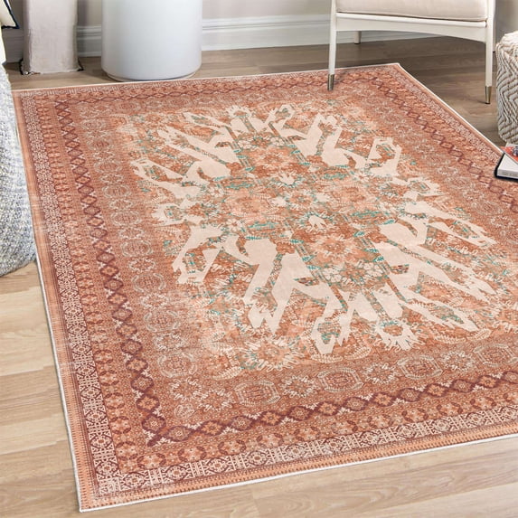 Vintage Decorative Rug, Caucasian Style Antique Ornaments Floral Blossoms and Geometric Details Damask, Quality Carpet for Bedroom Dorm and Living Room, 6 Sizes, Pale Rust, by Ambesonne