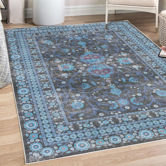 Vintage Decorative Rug, Jacobean Inspired Floral Swirls and Bohemian Details Earth Tones Pattern, Quality Carpet for Bedroom Dorm and Living Room, 6 Sizes, Sea Blue, by Ambesonne
