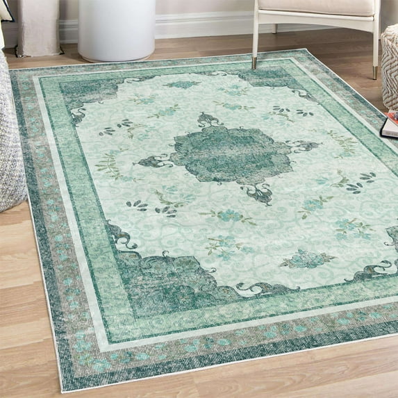 Vintage Decorative Rug, Minimal Flowers and Ethnic Damask Eastern Culture Weathered Effect Design, Quality Carpet for Bedroom Dorm and Living Room, 6 Sizes, Almond Green Teal, by Ambesonne
