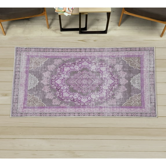 Vintage Decorative Rug, Nostalgic Weathered Style Print of Medallion Ornaments and Bohemian Flourishes, Quality Carpet for Bedroom Dorm and Living Room, 6 Sizes, Eggplant Purple, by Ambesonne