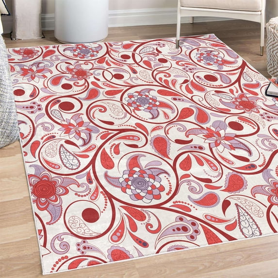 Vintage Decorative Rug, Oriental Scroll with Swirling Leaves with Eastern Design Inspirations, Quality Carpet for Bedroom Dorm and Living Room, 6 Sizes, Maroon Pink, by Ambesonne
