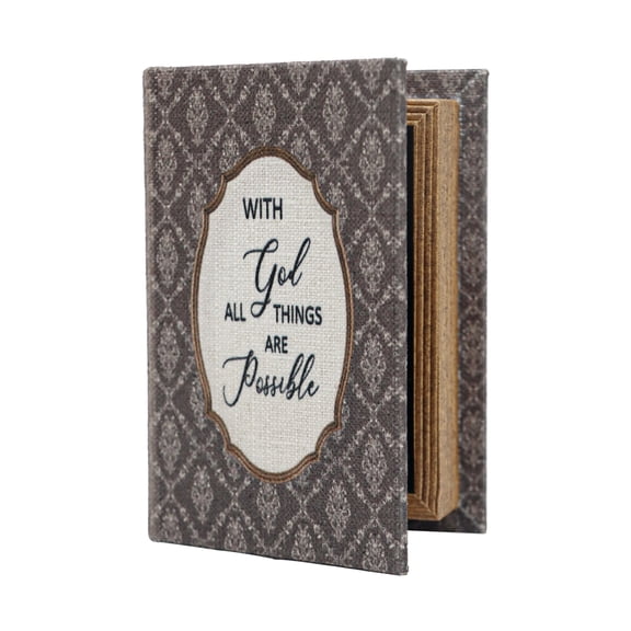 Vintage Decorative Storage Book Box with Inspirational Sentiment - With God All Things Are Possible, Non-Woven Fabric Interior, Secret Storage for Bookshelves and Home Office, 5.9x4.3x1.6 inches