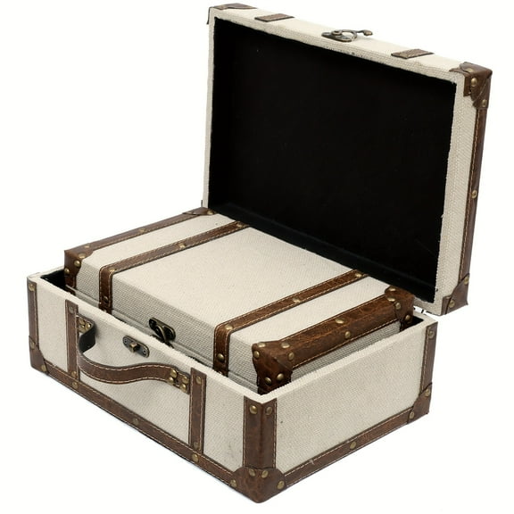 Vintage Suitcase Linen Fabric Covered Decorative Trunk Set Of 2 - Antique-Style Wood Chests, Perfect for Weddings And Keepsakes