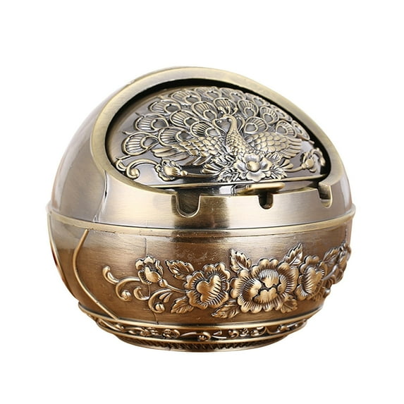 Vintage Decorative Windproof Ashtray with Lid for Cigarettes Metal Portable Cigar Ashtray Odor Eliminator Indoor Outdoor HandCarved Fancy Gift Ornament for Men Women Home Office(Peacock-Bronze)