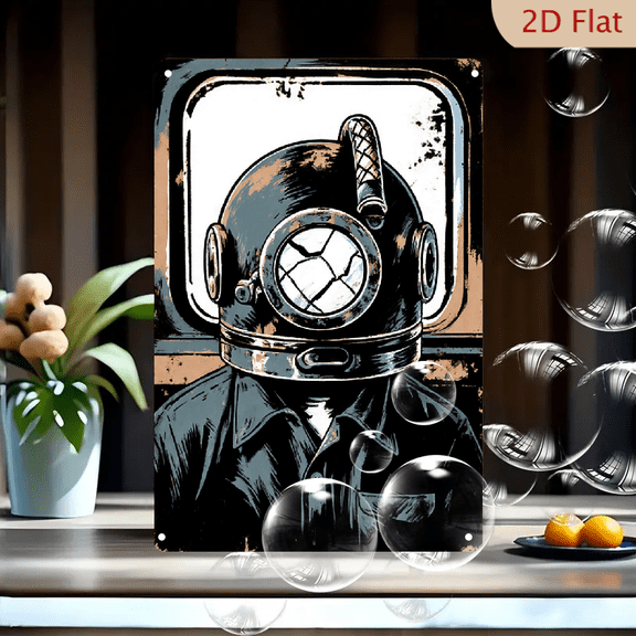 Vintage Deep Sea Diver Helmet Wall Art, 8x12 Inch Distressed Metal Tin Sign, Industrial Rusty Steel Diving Portrait with Cracked Glass Viewport, Retro Nautical Decor for Man Cave or Office