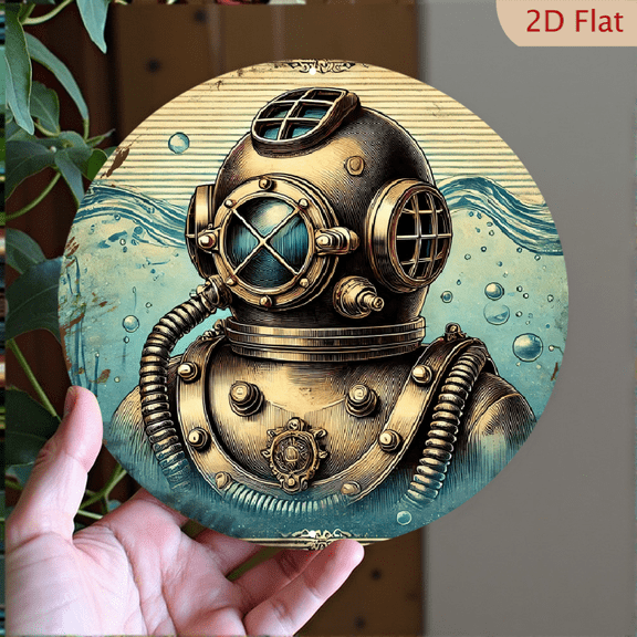 Vintage Deep Sea Diver Wall Art 8x8 Inch Round Aluminum Metal Sign Steampunk Nautical Maritime Decor for Home Office Bathroom Wall Decoration