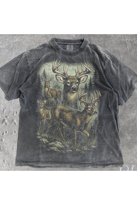 Vintage Deer 90S Graphic Style Tshirt, Retro Hunter Deer Faded T-Shirt, Nature Y2K Streetwear, 2000S Deer Oversized Shirt DARK HEATHER Unisex S-5XL Hot Trending Shirt, Vintage Birthday Gift
