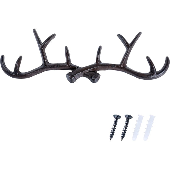Vintage Deer Antler Decor Wall Hooks Rustic Cast Coat Hooks Wall Mounted, Vintage Cast Iron Antlers Wall Decor for Hunting Lodge, Cabin, Western Home (Brown Deer Antlers)