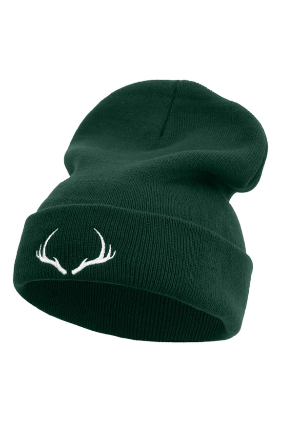 Vintage Deer Antler Embroidered 12 Inch Long Knitted Beanie - Dk Green OSFM