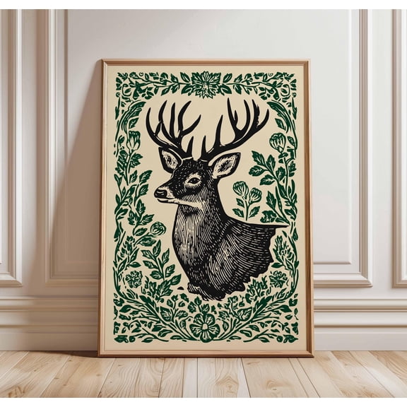 Vintage Deer Art Print, Rustic Stag Head Poster, Linocut Style, Cottagecore Wall Decor, Green Black Nature Art, Forest Lover Gift, Poster Only