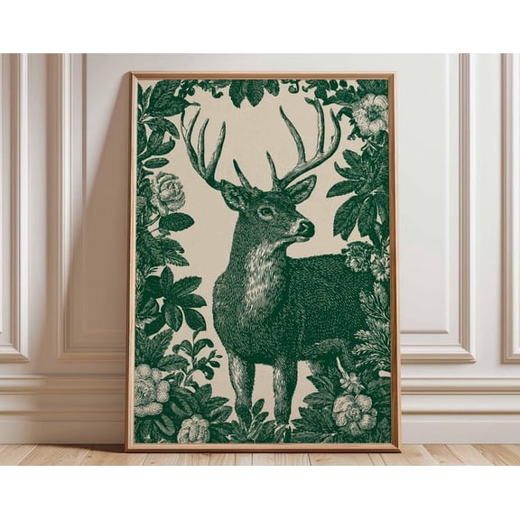 Vintage Deer Botanical Woodland Antique Style Stag Wall Art Print, Unframed Paper Poster 8x10in