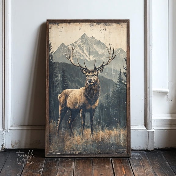 Vintage Deer Cabin Landscape Decor Wall Art