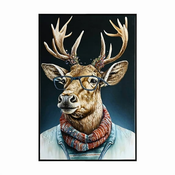 Vintage Deer Canvas Wall Art with Glasses and Scarf | Unique animal portrait, ready to hang décor, ideal for study or living room