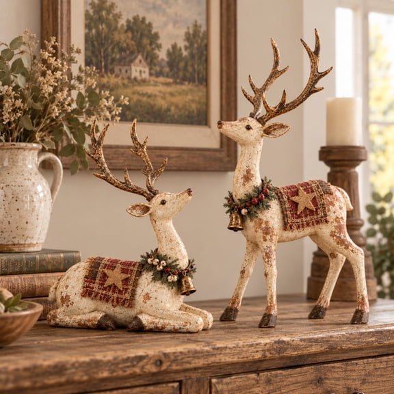 Vintage Deer Figurine Set of 2, Rustic Distressed Farmhouse Animal Decor with Antler Detail, Woven Saddle Accents and Brass-Tone Bells for Home Display