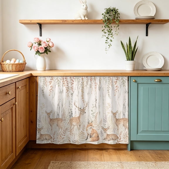 Vintage Deer Fox Cabinet Curtains 10"Wx11"L, Forest Brown Animals Pattern Rustic Tree Plant Countryside Under-Desk Privacy Dust Proof Drape Dishwasher Curtain Sink Skirt for Kitchen Closet Bathroom