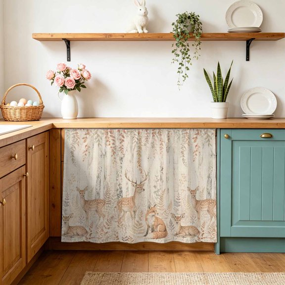 Vintage Deer Fox Cabinet Curtains 10"Wx11"L, Forest Brown Animals Pattern Rustic Tree Plant Linen Texture Under-Desk Privacy Dust Proof Drape Dishwasher Curtain Sink Skirt for Kitchen Closet Bathroom