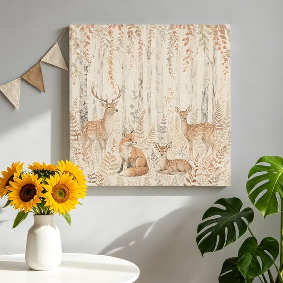 Vintage Deer Fox Canvas Wall Art for Living Room, Forest Brown Animals Rustic Tree Plant Linen Texture Poster Print Painting for Bedroom Office Home Decoration Wall Pictures Prepare To Hang 16"x16"