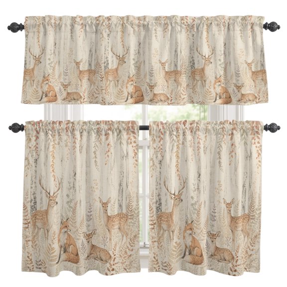Vintage Deer Fox Kitchen Curtains Valances 3 Piece Set, Forest Brown Animals Rustic Tree Plant Linen Texture Rod Pocket Tier Curtain and Valance Drapes for Window 24 Inch Length for Bedroom Cafe