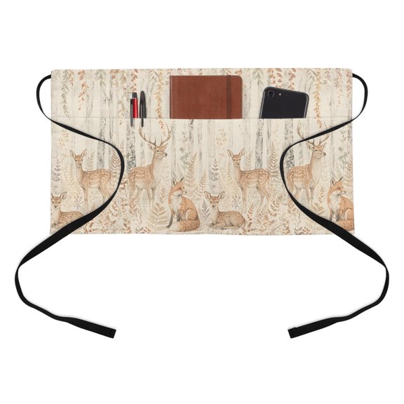Vintage Deer Fox Kitchen Restaurant Half Waist Apron, Forest Brown Animals Rustic Tree Plant Linen Texture Server Short Apron with 3 Pockets Waterproof Oil Waist Aprons for Women Waitress Waiter