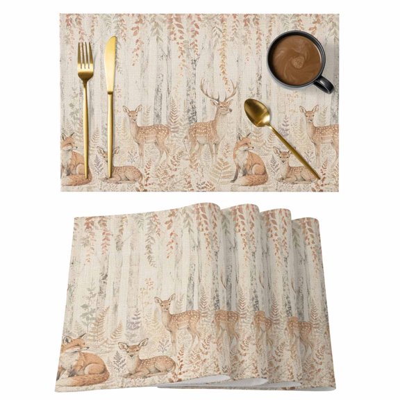 Vintage Deer Fox Placemats Set of 1, Forest Brown Animals Rustic Tree Plant Linen Texture Non-Slip Place Mats Washable Table Mats for Kitchen Dining Table Decorations Indoor/Outdoor