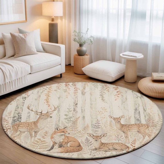 Vintage Deer Fox Round Rug 5Ft Forest Brown Animals Rustic Tree Plant Linen Texture Circle Area Rugs Washable Non Slip Indoor Floor Mats Carpet for Living Room Bedroom Dining Room Home Decor