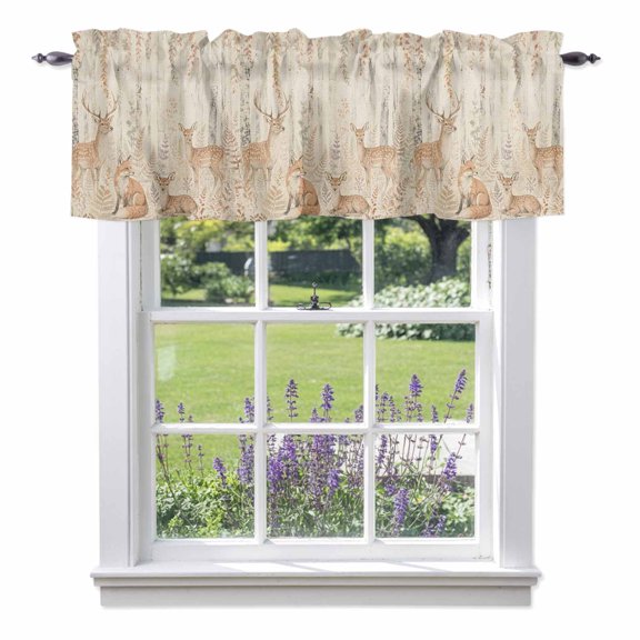 Vintage Deer Fox Valances for Windows, Forest Brown Animals Rustic Tree Plant Linen Texture Rod Pocket Valance Short Window Treatments Curtains for Kitchen Bathroom Bedroom Decor, 42 x 12 Inches