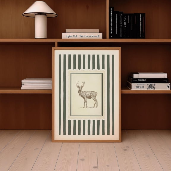 Vintage Deer Green Stripe Woodland Wall Art, Stretched Canvas Size 8x12