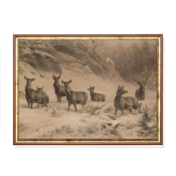 Vintage Deer In Snow Poster, Rustic Winter Landscape Art Home Decor, 16x24 UNFRAMED