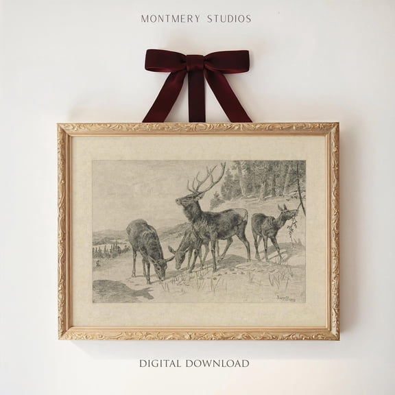 Vintage Deer Sketch, Deer In Snow Art Print Poster, Deer Charcoal Drawing, Snowy Landscape, Antique Deer Drawing, Winter Animal Print Poster, W Warm Present Vintage UNFRAMED Poster Size 12x18