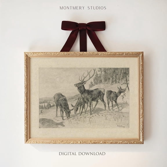 Vintage Deer Sketch, Deer in Snow Art Print Poster, Deer Charcoal Drawing, Snowy Landscape, Antique Deer Drawing, Winter Animal Print Poster, W270, Stretched Canvas Size 12x18 F03.1.19l309