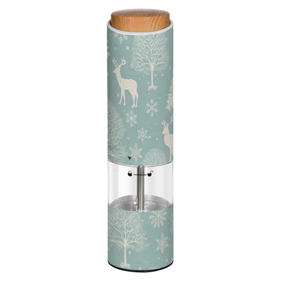Vintage Deer Snowflakes Tree Pattern Printed Electric Pepper Mill One-Touch Battery Operated Salt Grinder Adjustable Coarseness Decorative Counter Spice Tool
