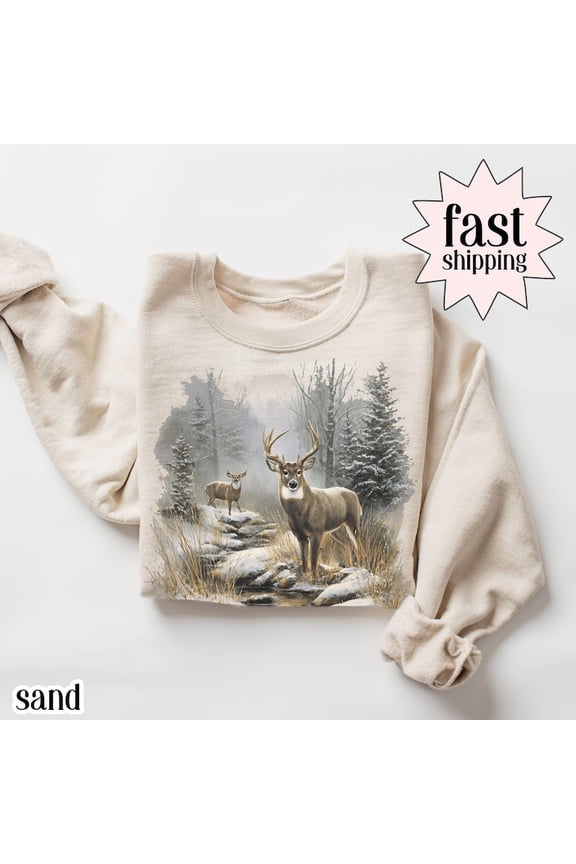 Vintage Deer Sweatshirt 90s Retro Fall Buck And Doe Deer Sweater Americana Nostalgia Crewneck Cozy Hunter Sweatshirt Cozy Trad Wife Gift