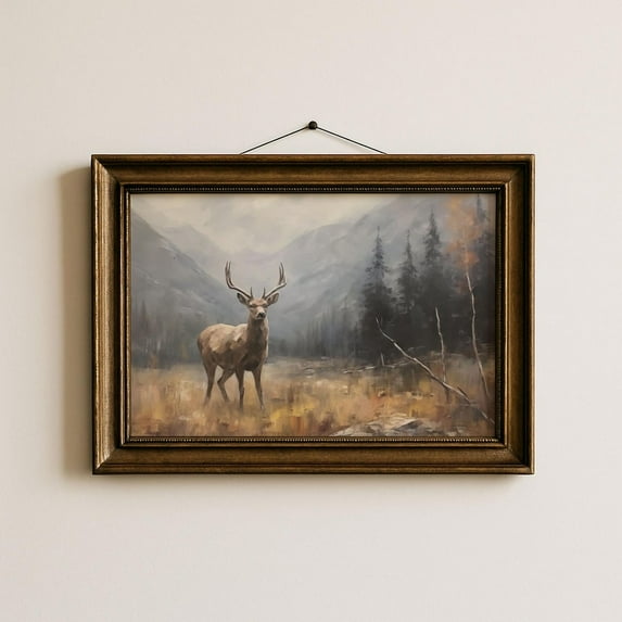 Vintage Deer Wall Art Forest Landscape Print Woodland Nursery Wall Art Cabin Wall Decor Nature Wall Art Moody Mountain Wall Art Poster, Unframed Poster Size 24x36 F03.1.15l1209