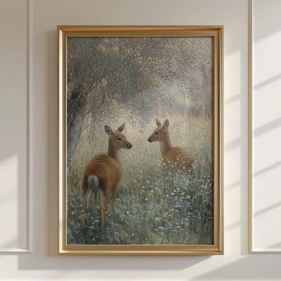Vintage Deer Wall Art Rustic Wildlife Illustration Cabin Farmhouse Decor, Stretched Canvas 16x20in